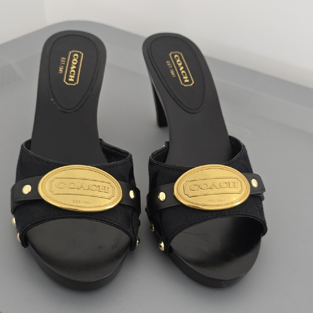Vintage NIB Coach Black Slide Heels with Gold Medallion